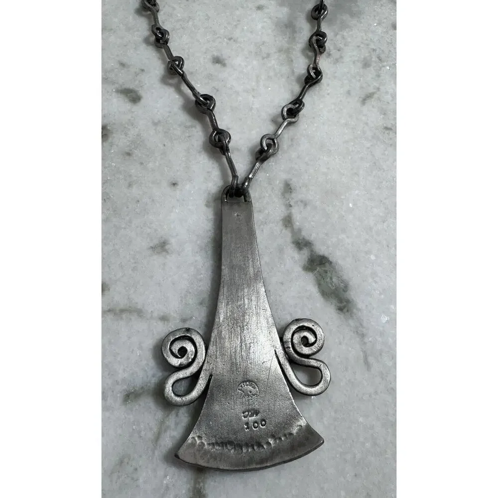 Vintage MCM Denmark Lysgard Pewter Long Brutalist Pendant Necklace 21in